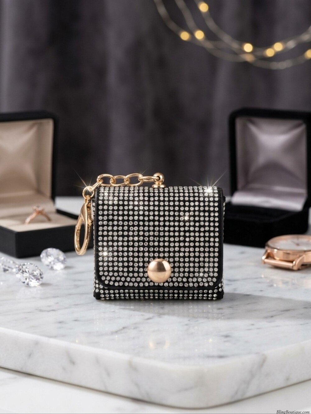 Sparkly Rhinestone Mini Bag Earbud Case & Keychain | Bling Charm Pouch